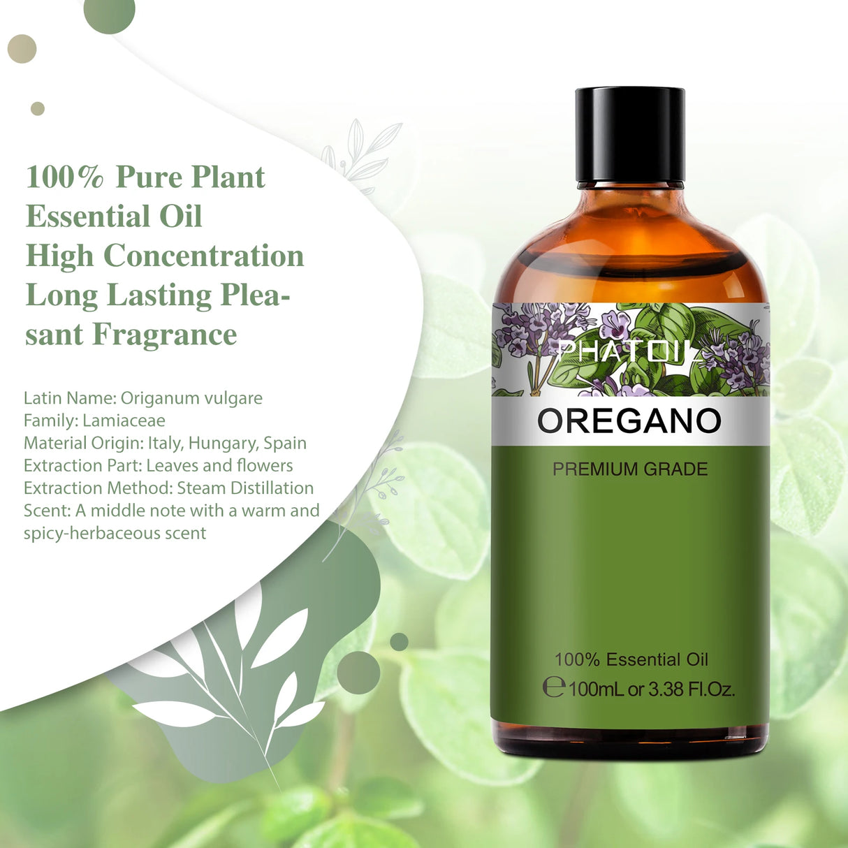 Oregano essential oil bottle with label on a green leafy background