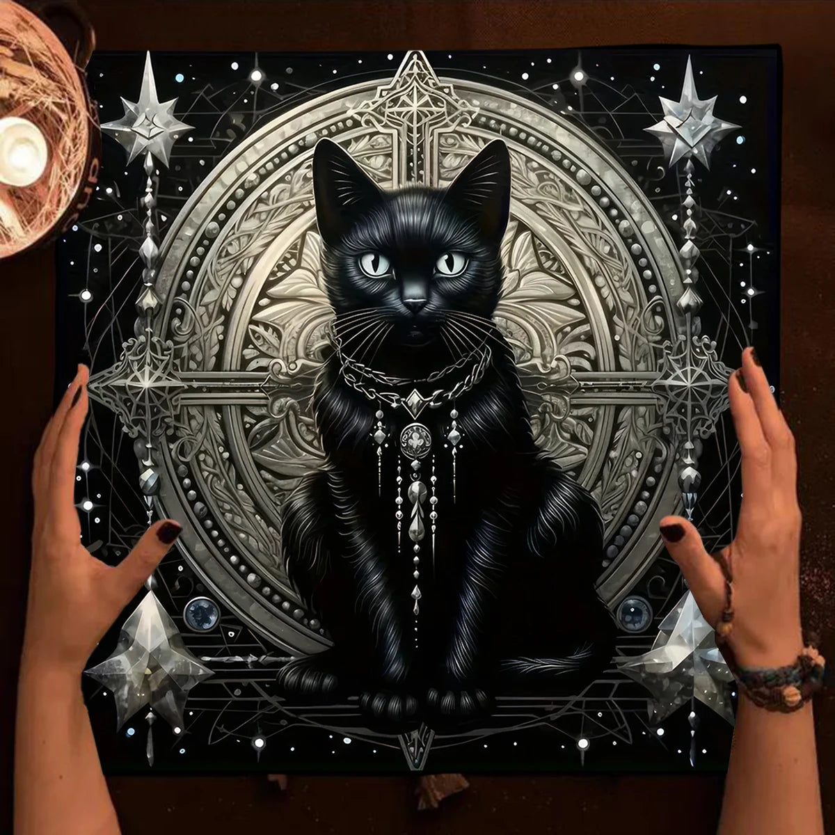 Black cat with jewelry on a starry background with hands around