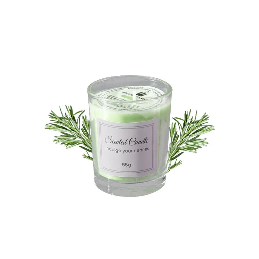 Scented candle with rosemary sprigs on a white background