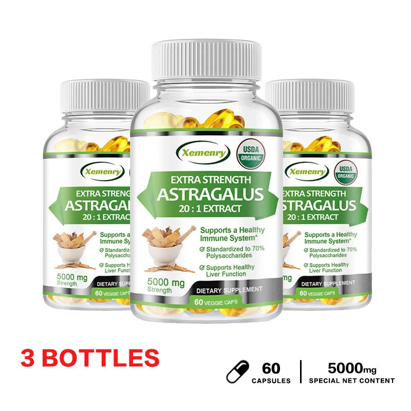 Three bottles of Xemone Extra Strength Astragalus dietary supplement on a white background