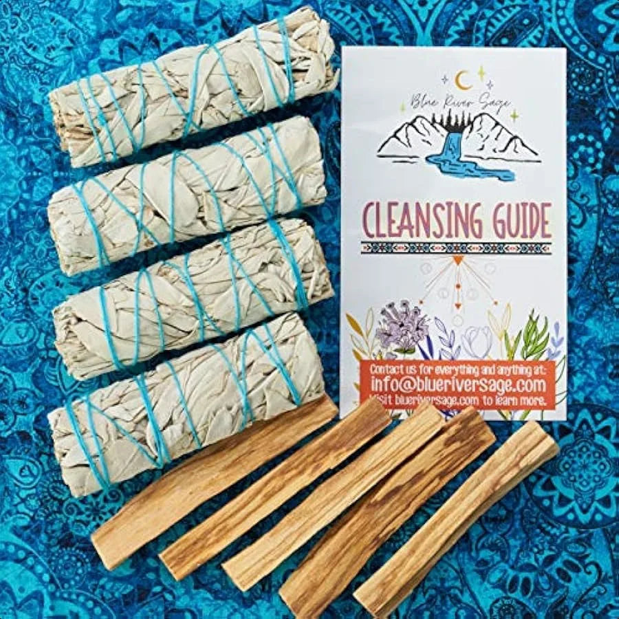 Set of smudge sticks with a cleansing guide on a blue patterned background
