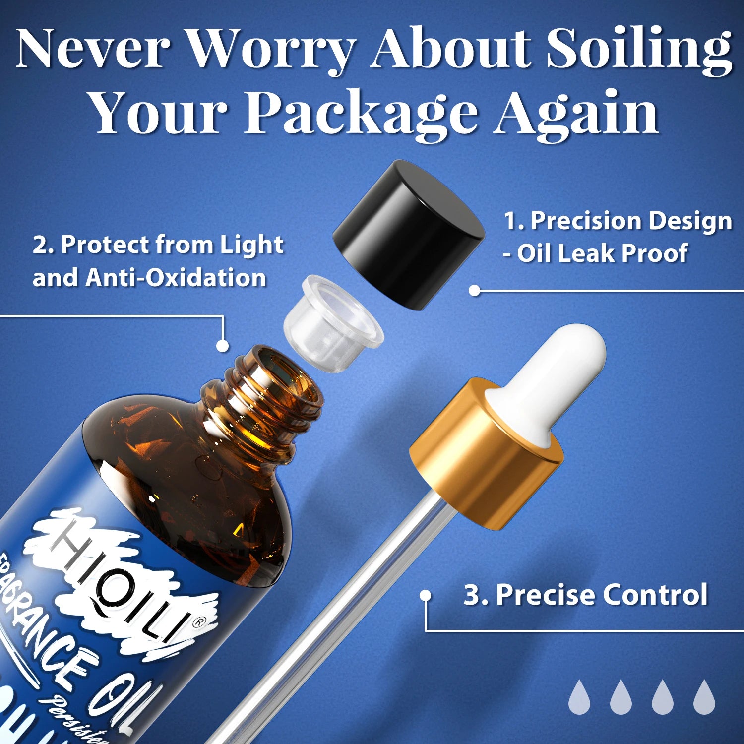 Bottle and dropper with text on a blue background, emphasizing oil product features.