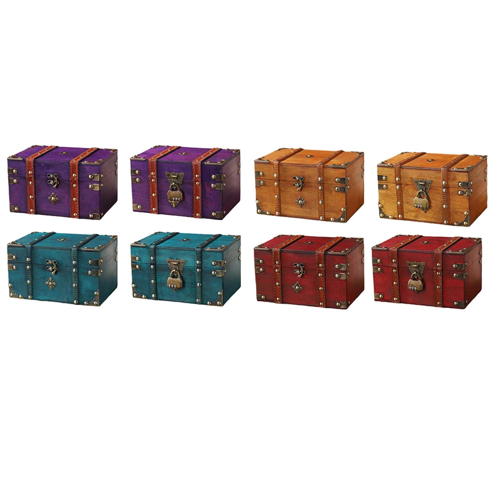 Set of colorful vintage-style trunks on a white background