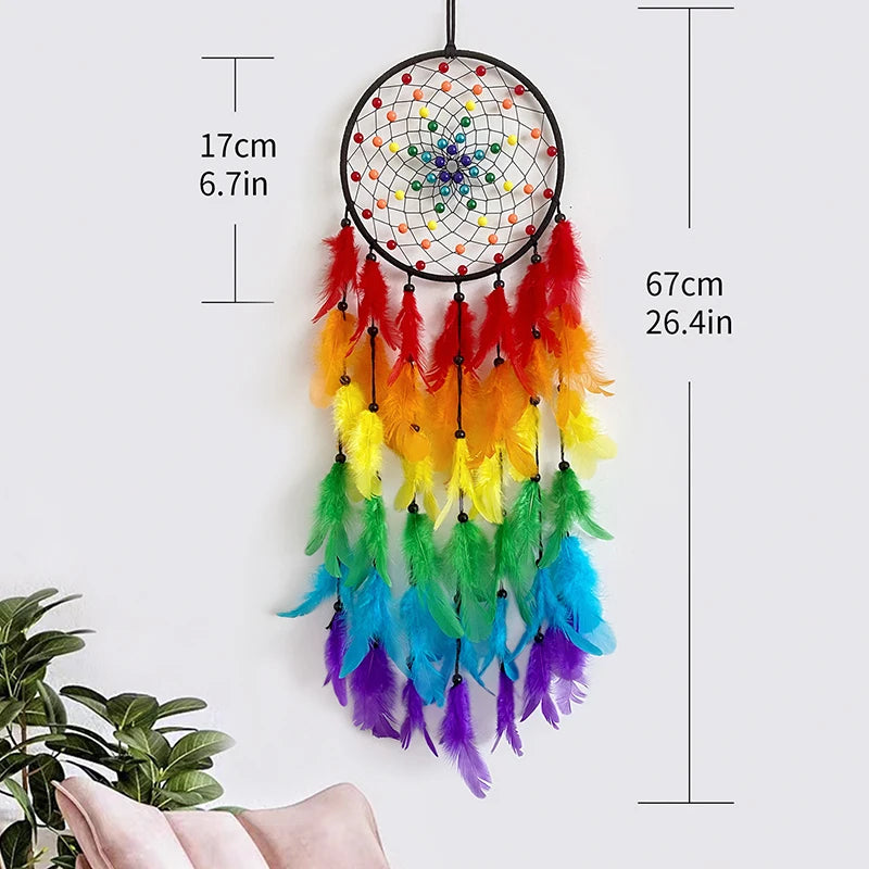 Rainbow-colored dreamcatcher with measurements on a white background