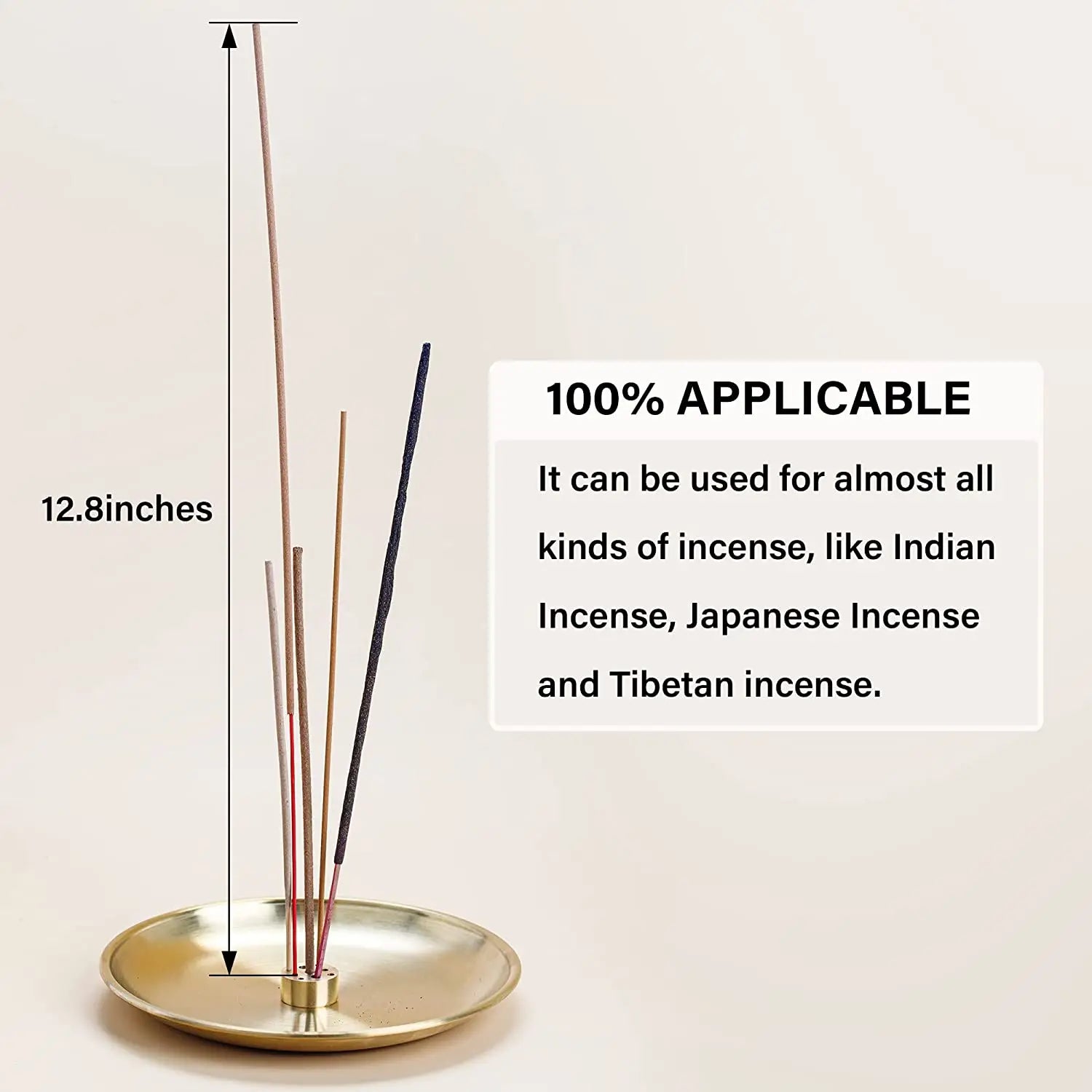 Incense holder with incense sticks on a beige background, featuring text about the product's versatility.