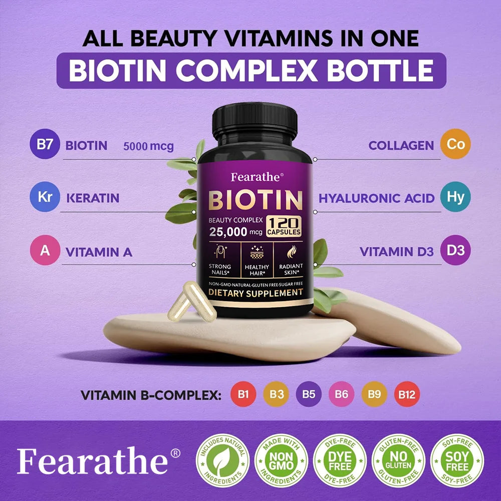 Biotin supplement bottle with ingredients listed on a purple background