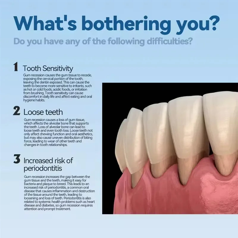 Teeth with gum recession and text about dental issues on a blue background