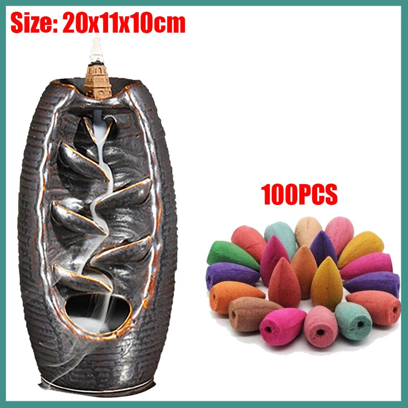 Incense burner with decorative design and a set of colorful incense cones on a white background.