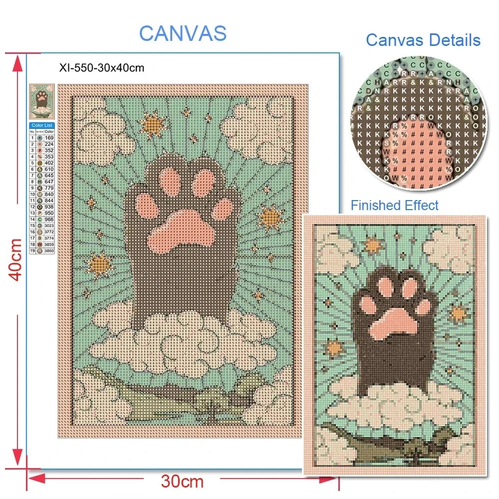 Cross-stitch canvas with a paw design, showing dimensions and details.