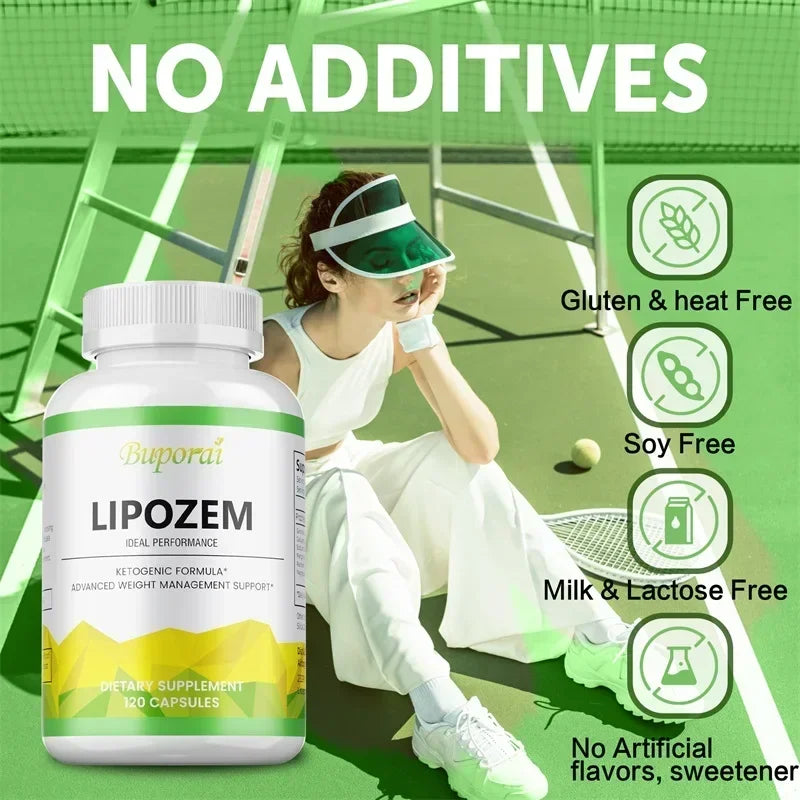 Supplement bottle labeled 'Lipozem' with a person sitting on a tennis court, surrounded by health and wellness icons.