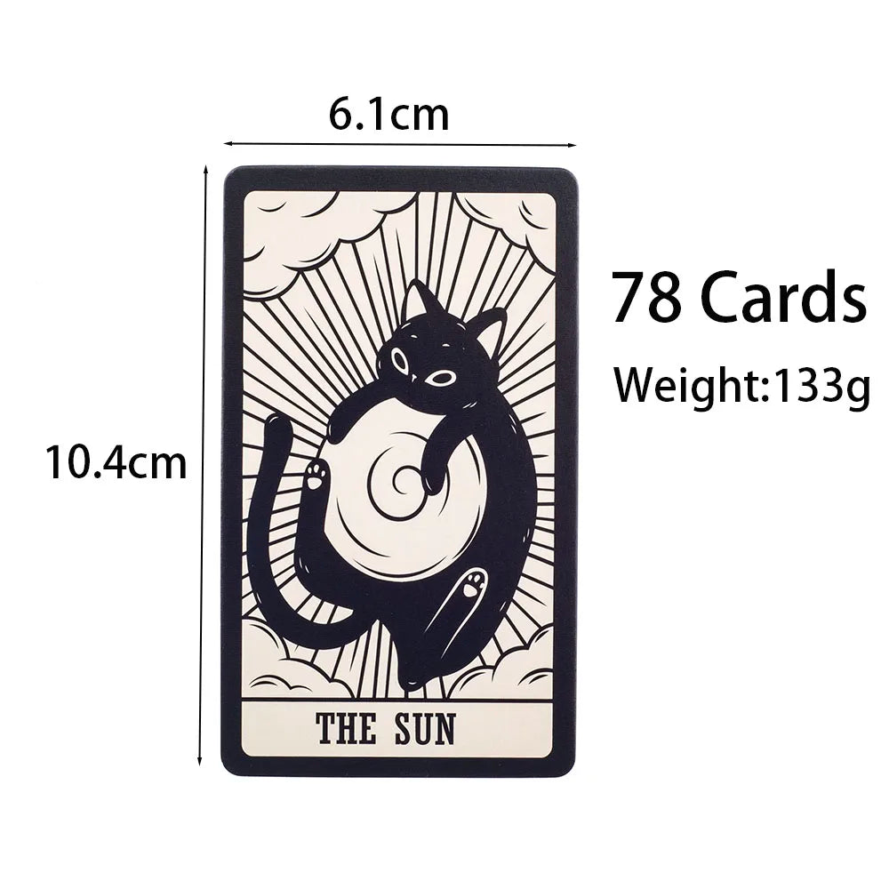 Tarot card with a black cat design labeled 'The Sun' and measurements on a white background.