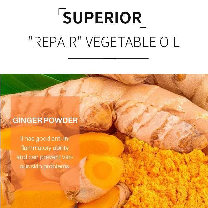 Ginger root and powder with text about 'Superior Repair Vegetable Oil' and ginger's benefits.