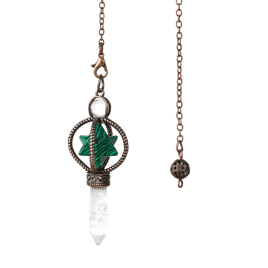 Necklace with green stone, white crystal, and bronze chain on a white background