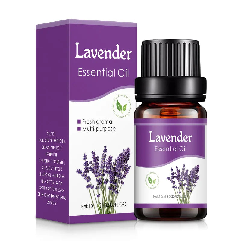 Lavender essential oil bottle and packaging on a white background