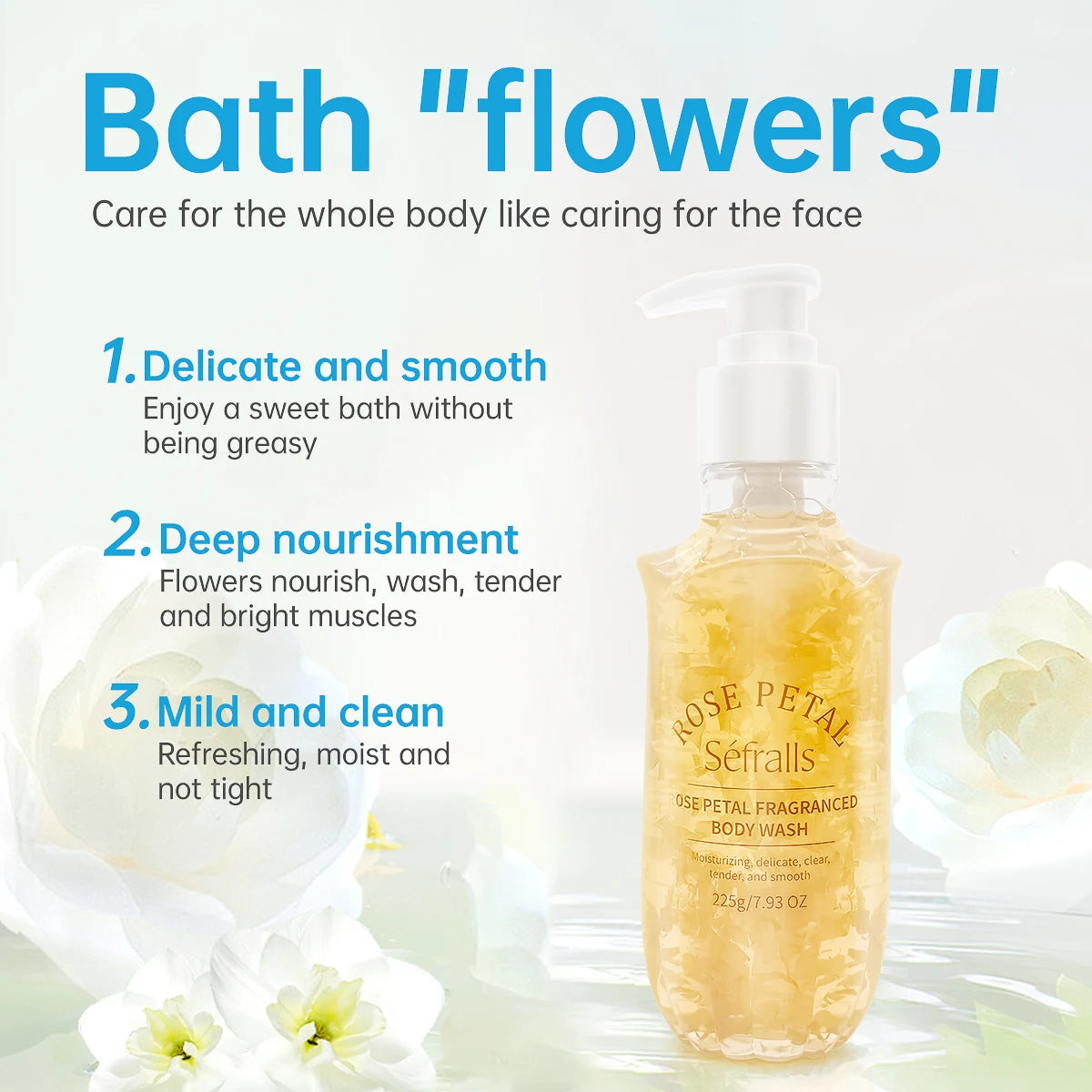 Bottle of Rose Petal Sensations body wash with text describing its benefits on a white background with flowers.