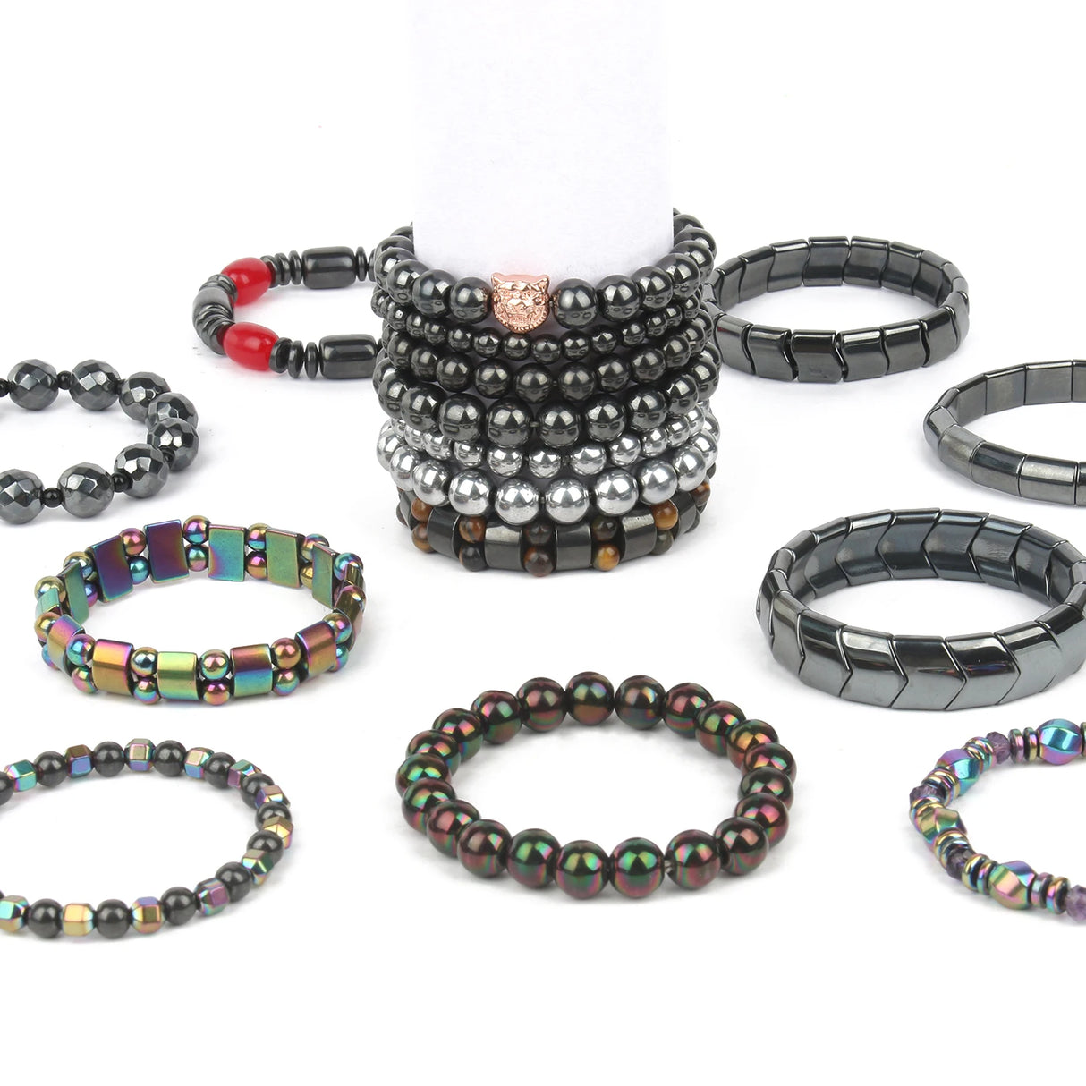 Collection of various bracelets on a white background