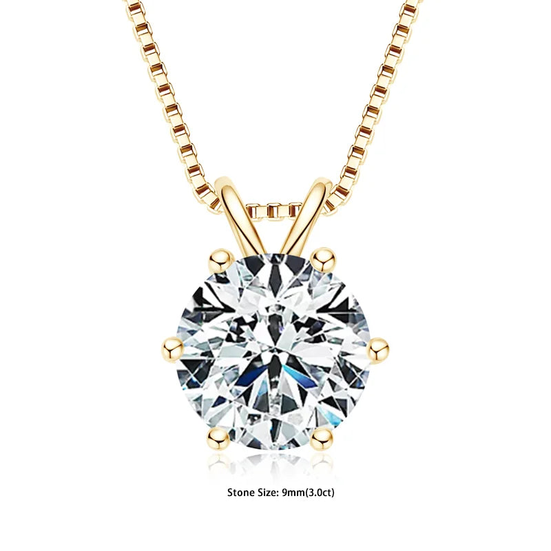 Gold necklace with a round diamond pendant on a white background
