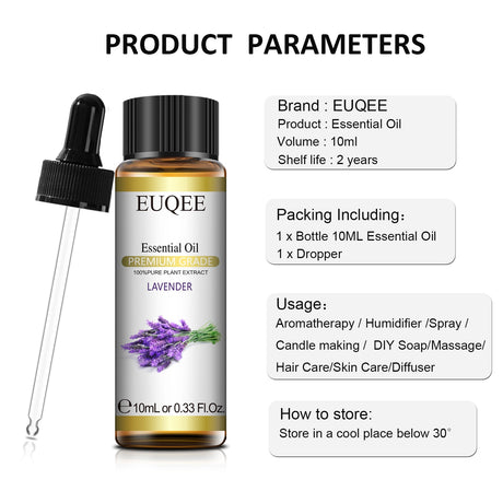 EUQEE essential oil bottle with dropper and lavender label on a white background