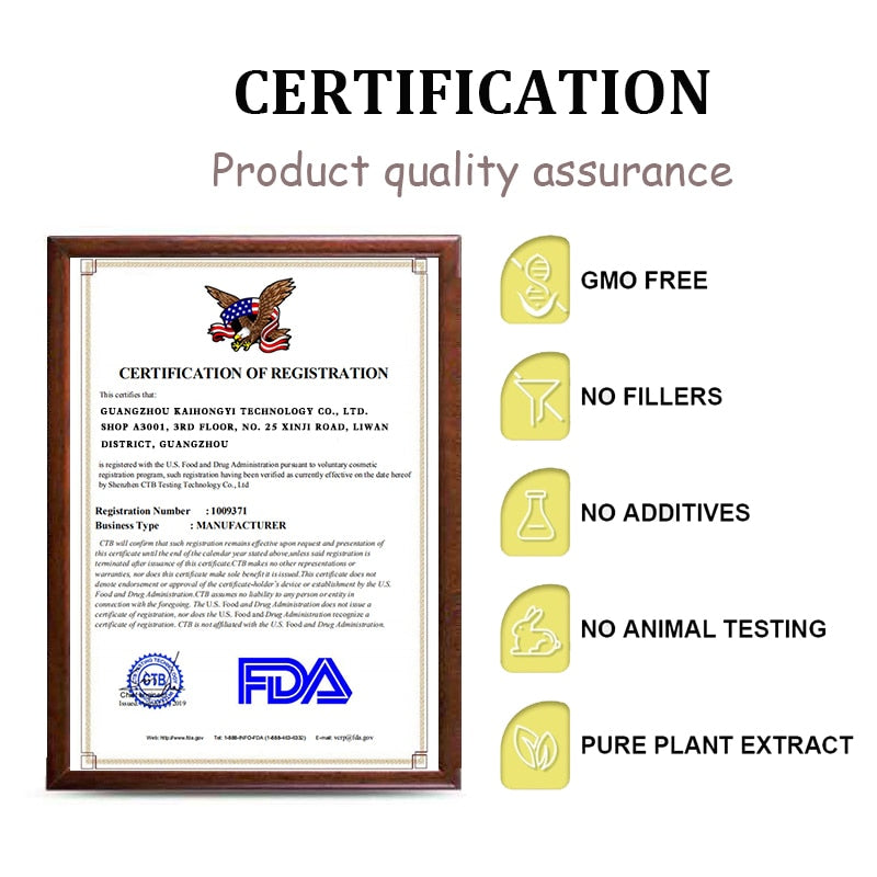 Certification of Registration with FDA logo and product quality assurance icons on a white background