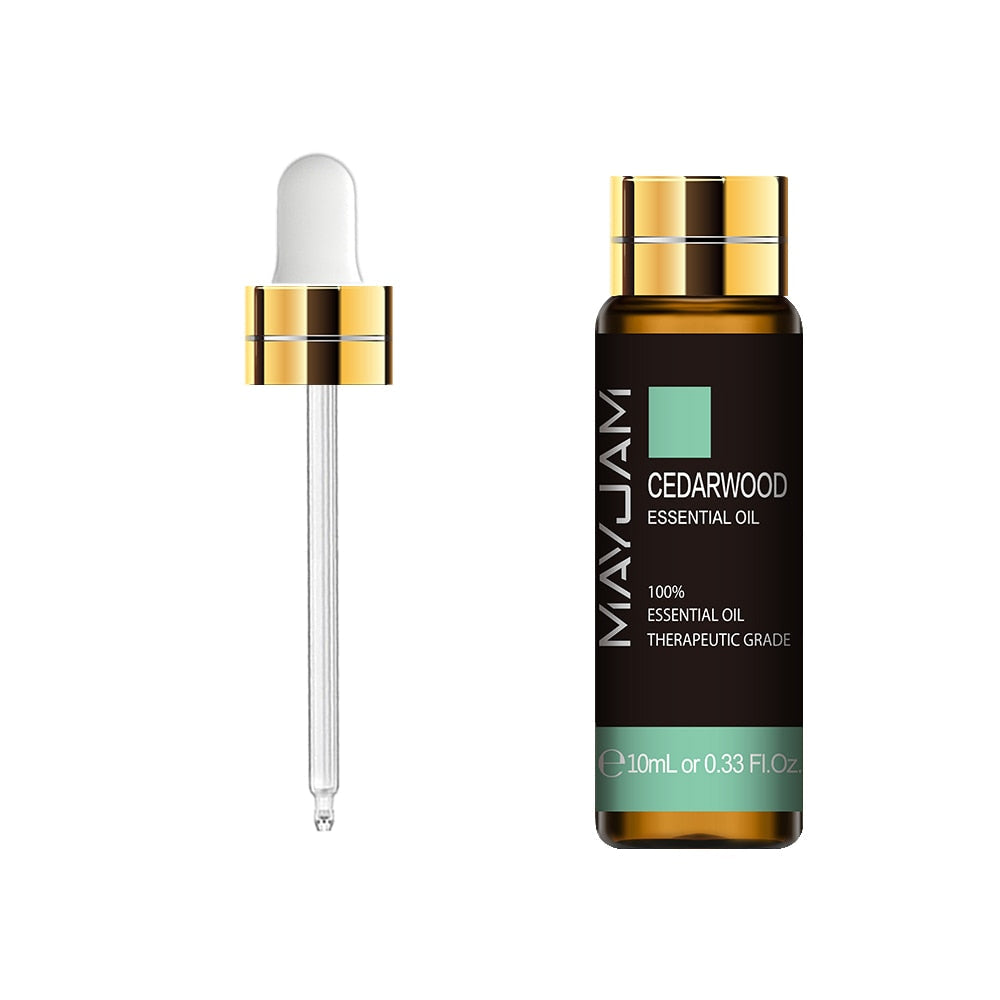 Mayjam Cedarwood essential oil bottle with dropper on a white background