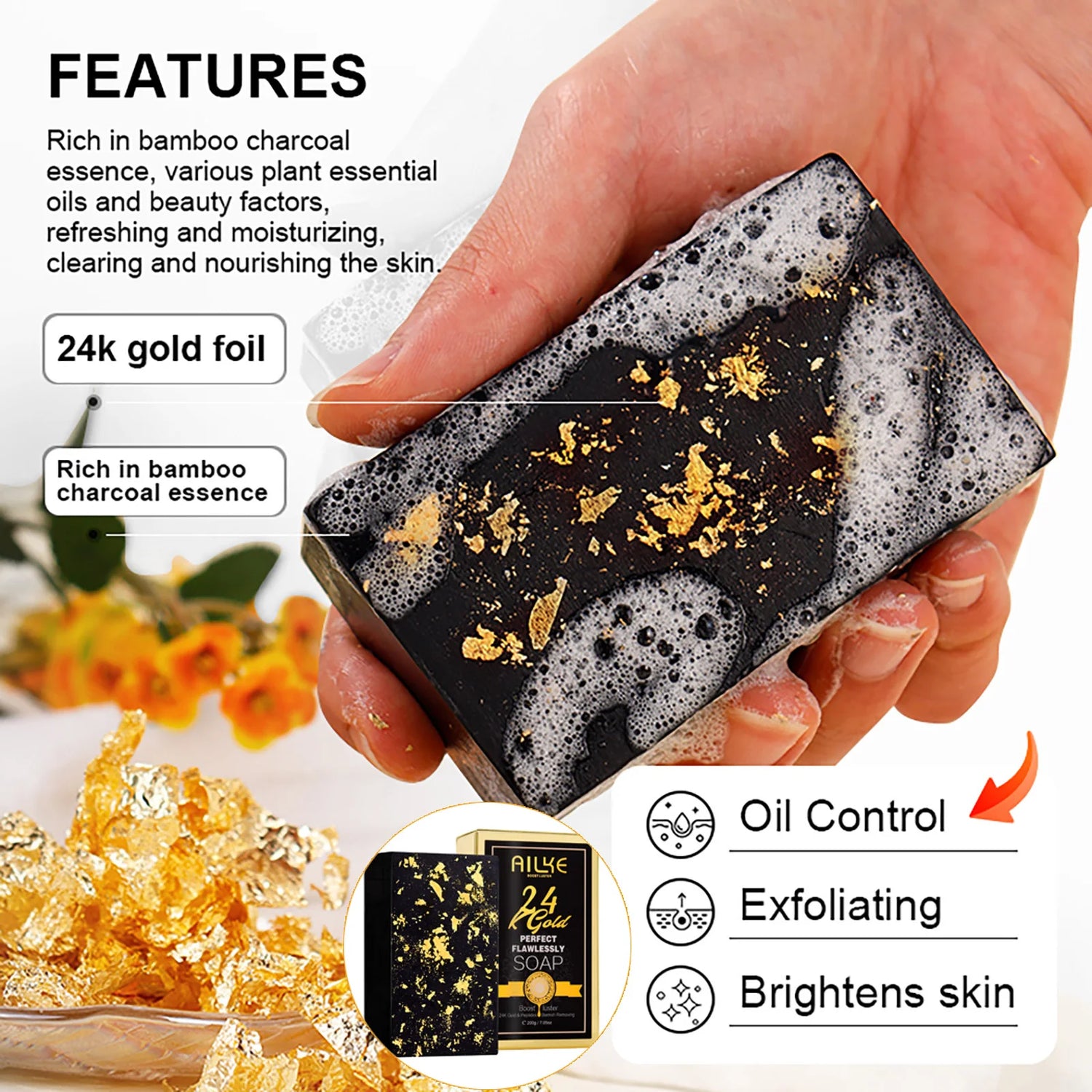 Hand holding a black and gold skincare bar with text on features and benefits.