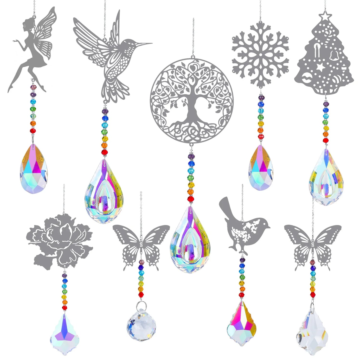Set of decorative hanging items with crystal prisms, including fairies, hummingbirds, trees, snowflakes, and butterflies.