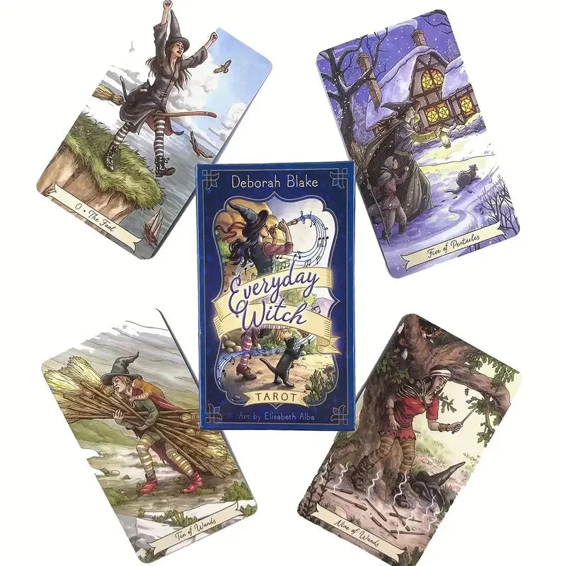Tarot cards featuring illustrations of witches and a book titled 'Everyday Witch' by Deborah Blake on a white background.
