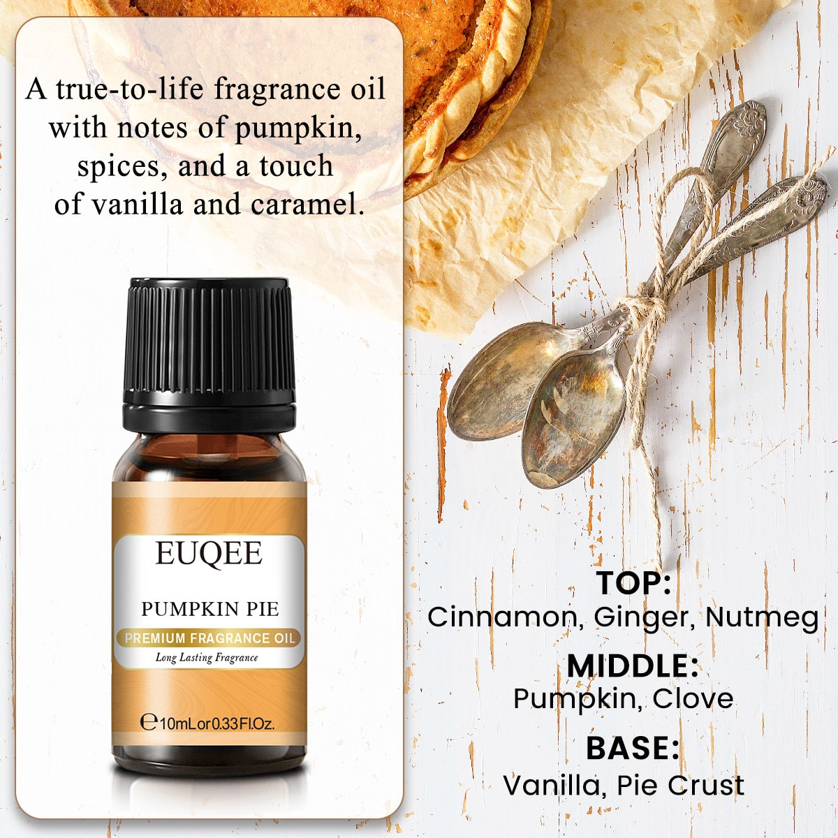 EUQEE pumpkin pie fragrance oil bottle with description and ingredients on a rustic background