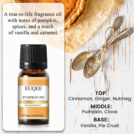 EUQEE pumpkin pie fragrance oil bottle with description and ingredients on a rustic background