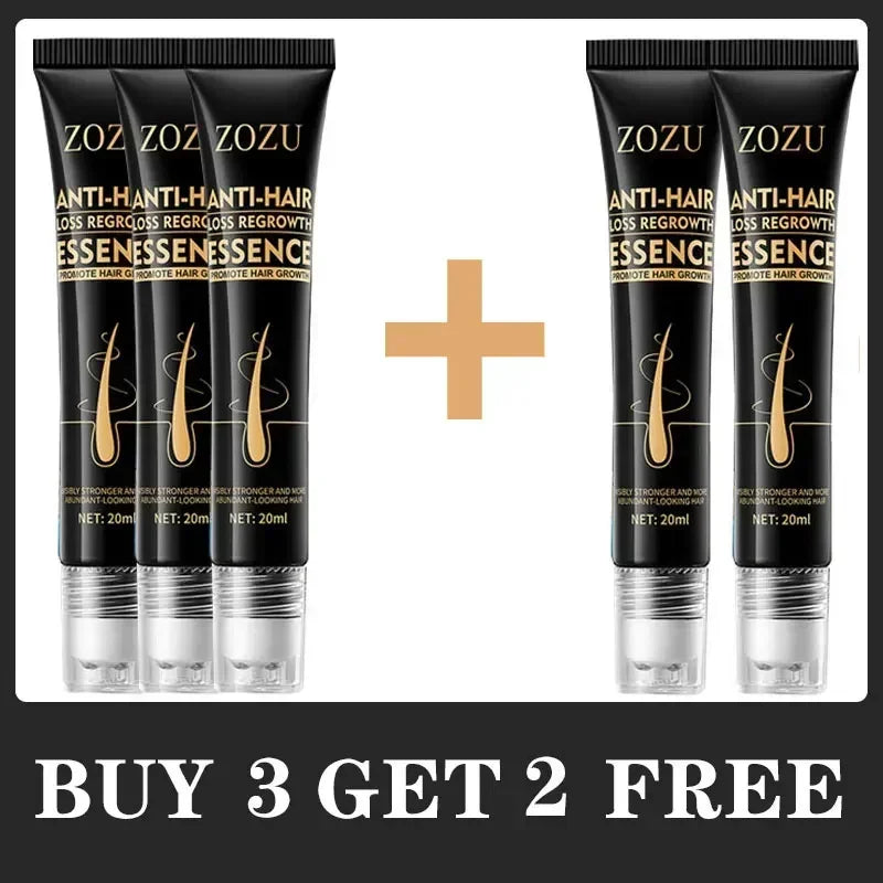 ZOZU Anti-Hair Loss Regrowth Essence with a promotional offer on a white background