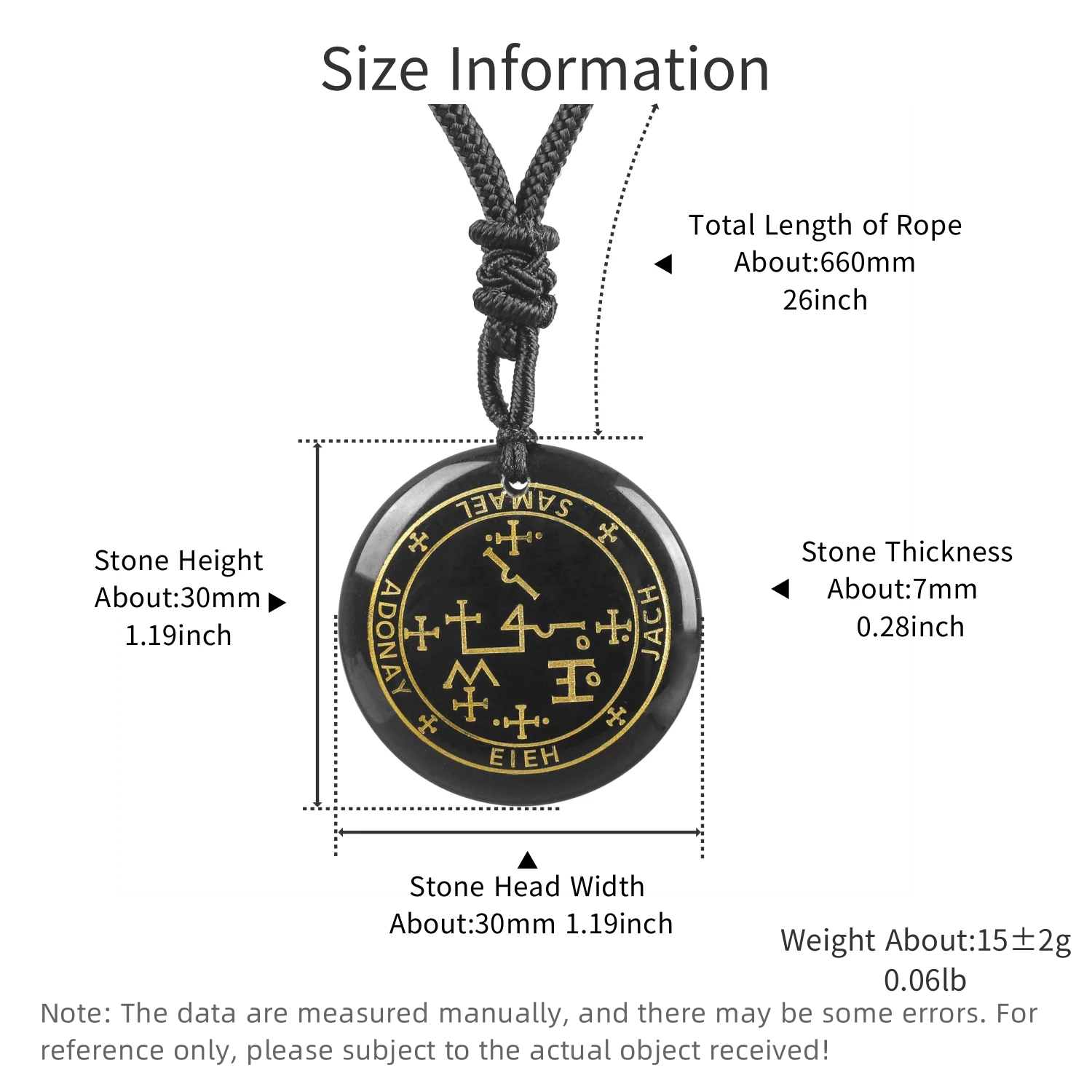 Measurement chart of a pendant with black stone and gold symbols on a white background
