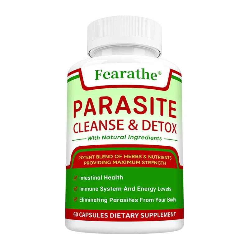 Supplement bottle labeled 'Parasite Cleanse & Detox' by Fearathe on a white background