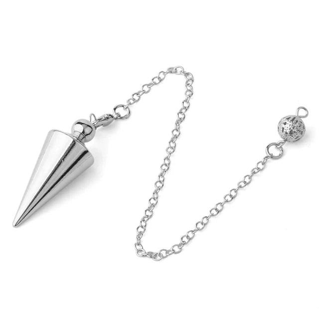 Silver cone-shaped pendant on a chain with a clasp against a white background