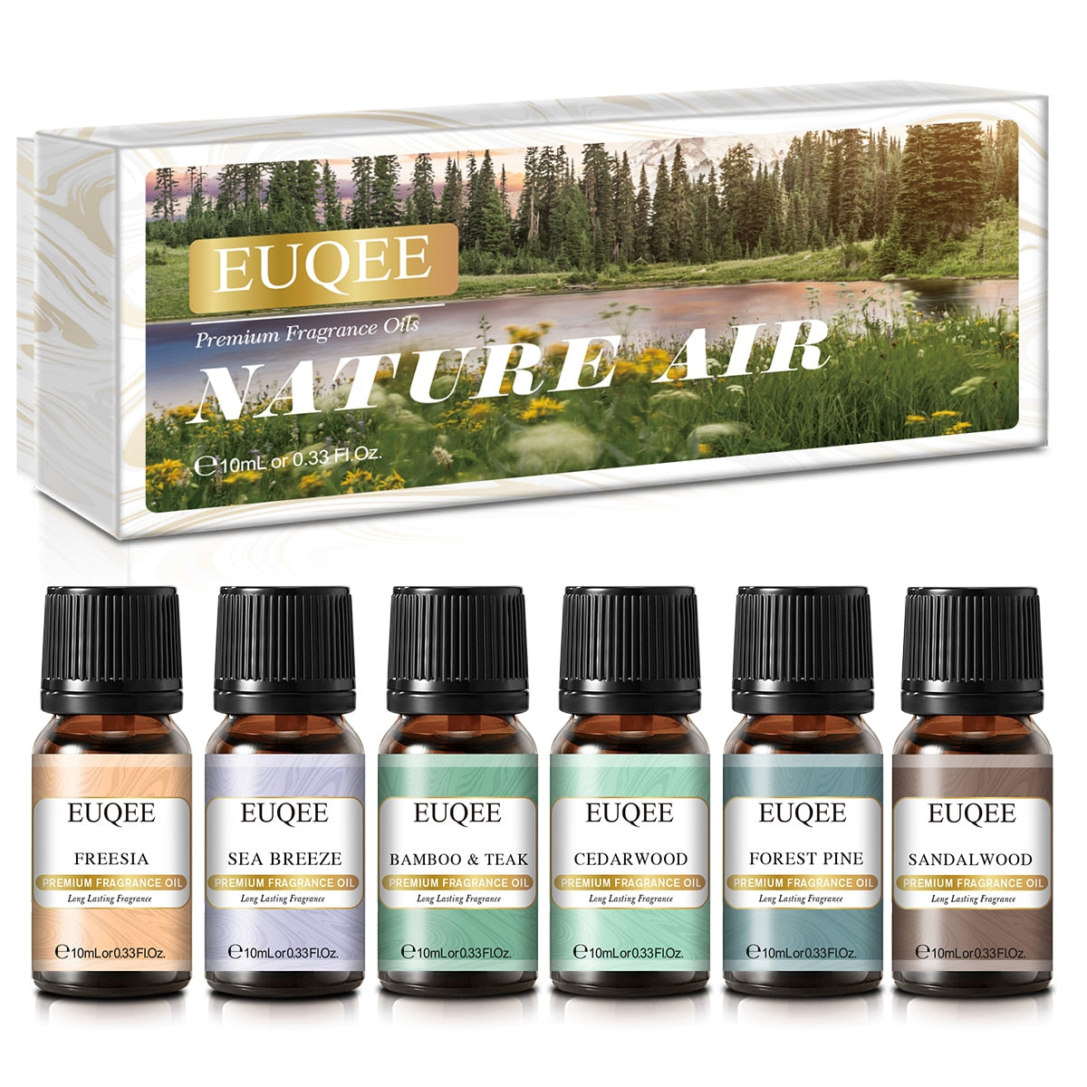 EUQEE fragrance oil set with packaging featuring a nature scene.