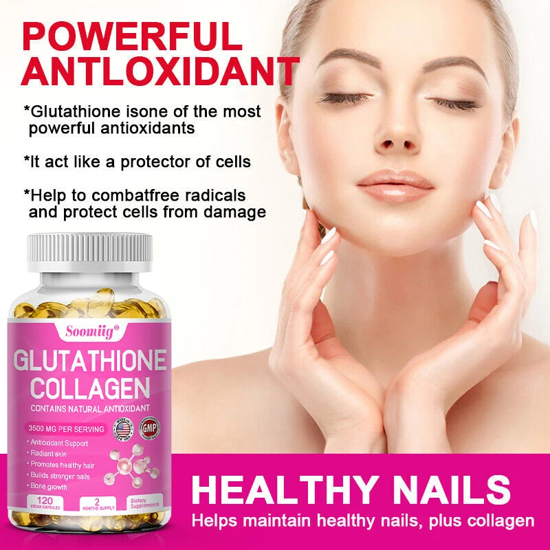 Glutathione collagen supplement with a woman touching her face, highlighting its benefits.