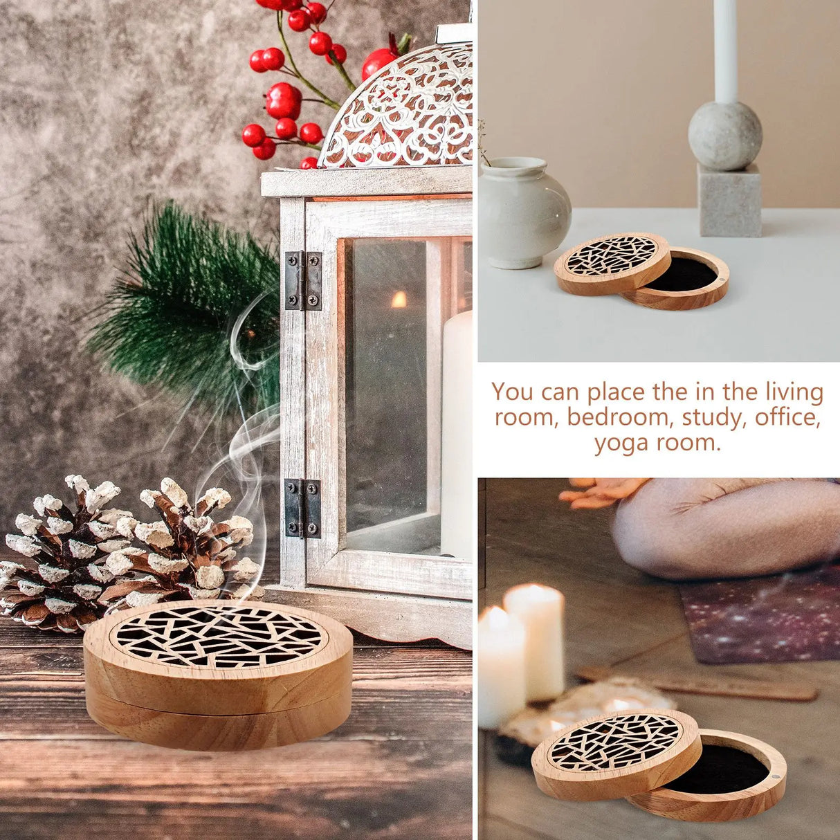 Decorative wooden diffuser with candle, lantern, and greenery on a wooden surface.