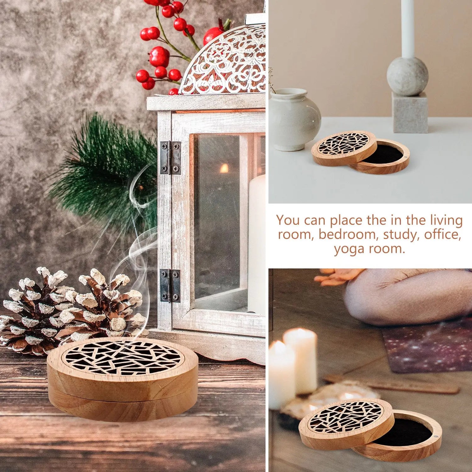 Decorative wooden diffuser with candle, lantern, and greenery on a wooden surface.