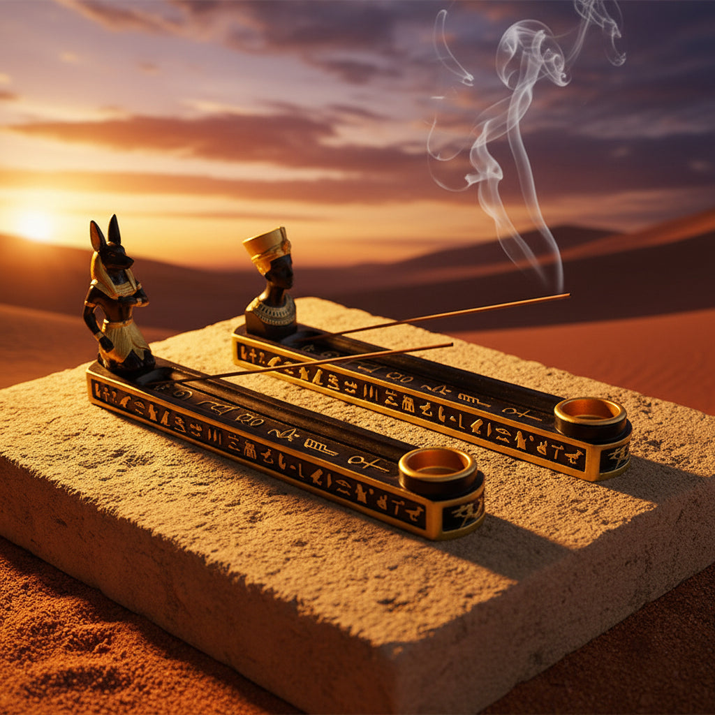 Decorative incense holder with Egyptian-themed design on a white background