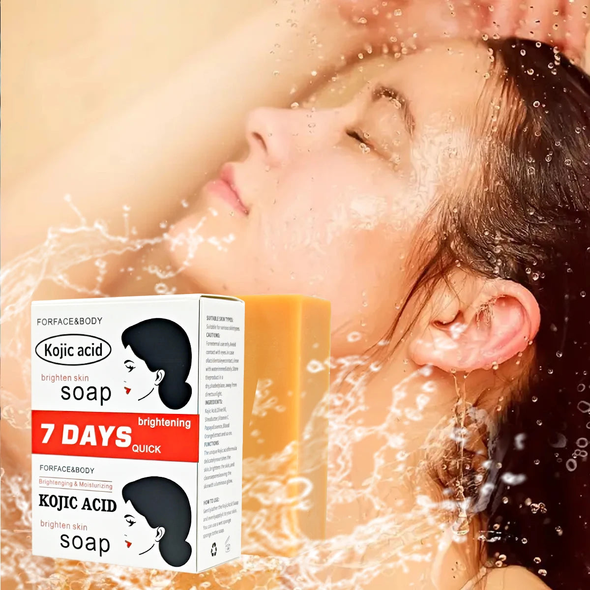 Kojic acid soap packaging with a woman washing her face in the background