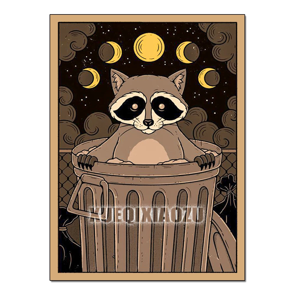 Illustration of a raccoon in a trash can with celestial bodies in the background, featuring the brand 'XIAOZI'.