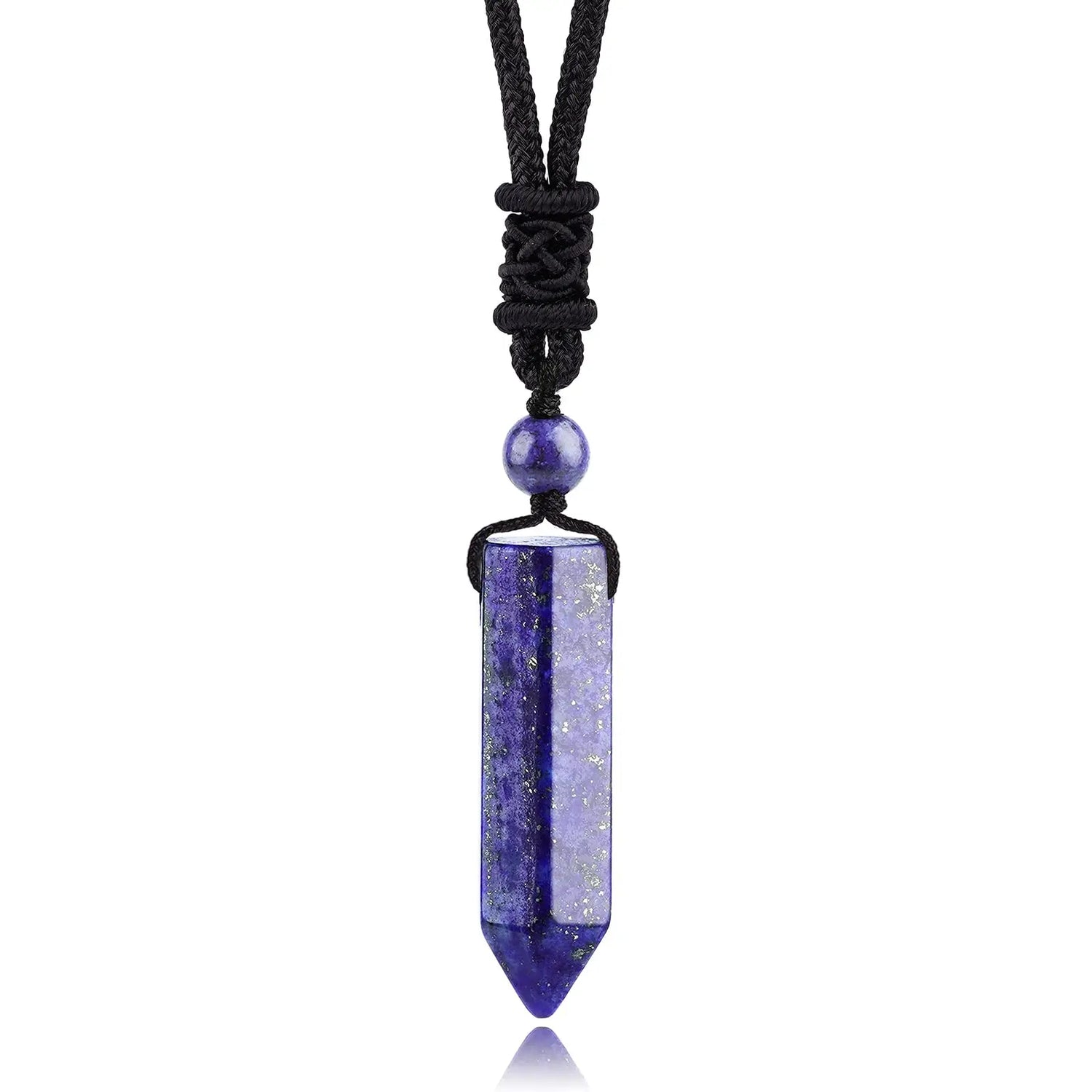 Necklace with a blue and white crystal pendant on a white background