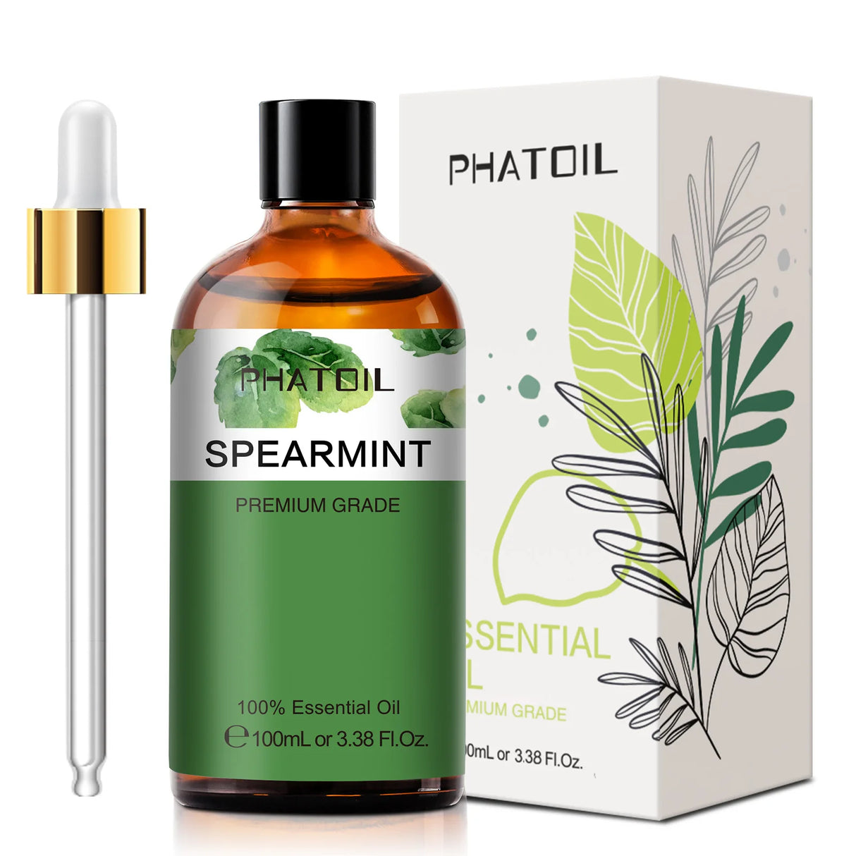 Spearmint essential oil bottle with dropper and packaging on a white background