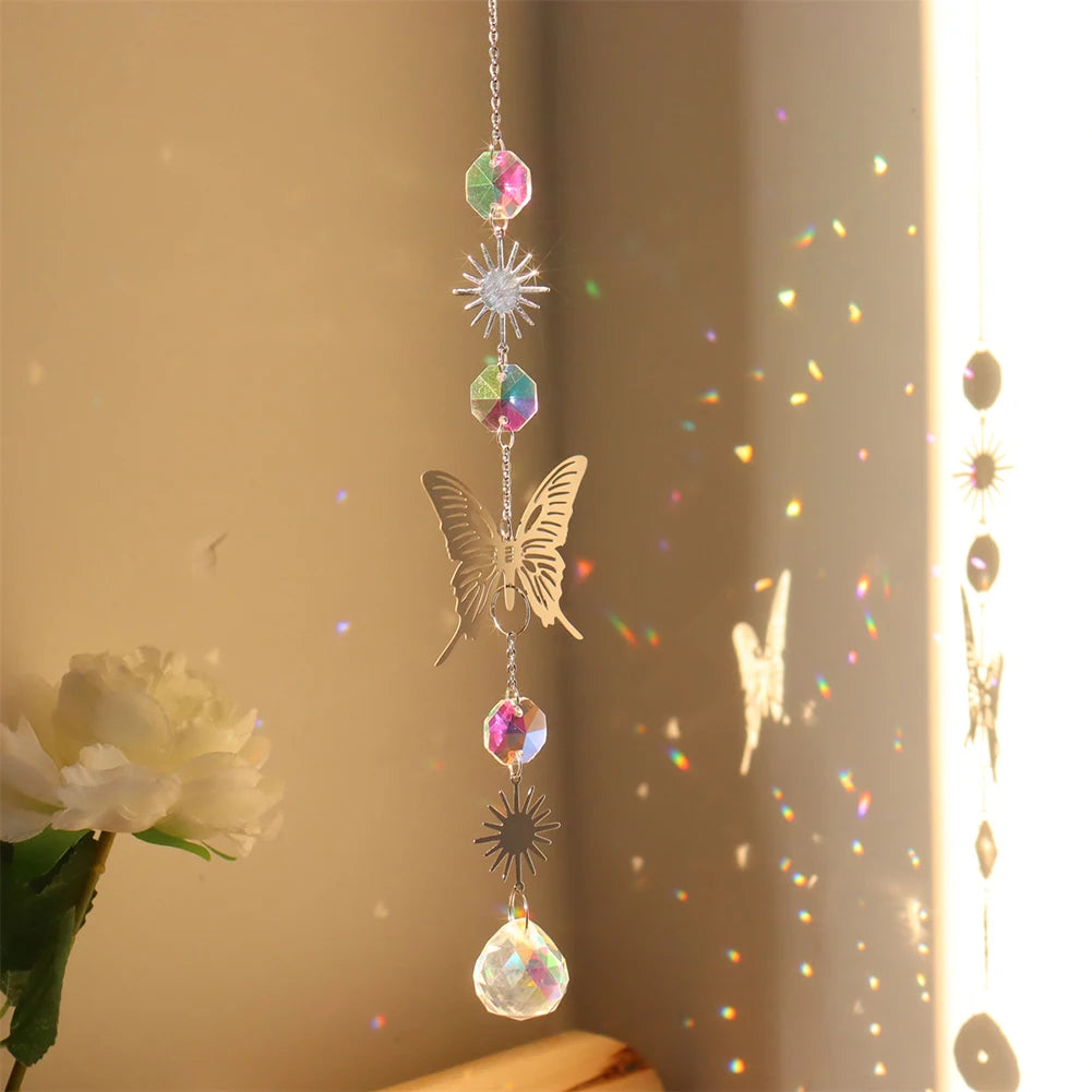 Decorative hanging with butterfly and crystal elements on a soft background