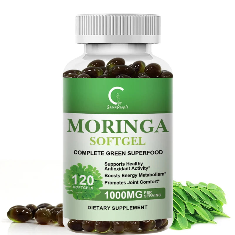 Bottle of Moringa softgels with green label on a white background