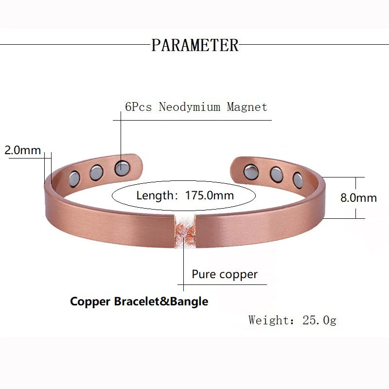 Copper bracelet with neodymium magnets and technical specifications on a white background