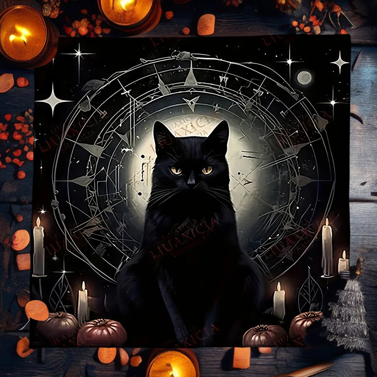 Black cat in front of a mystical symbol with candles and pumpkins on a dark background