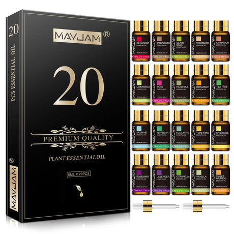 MayJam 20-piece premium quality plant essential oil set with black packaging and small bottles.