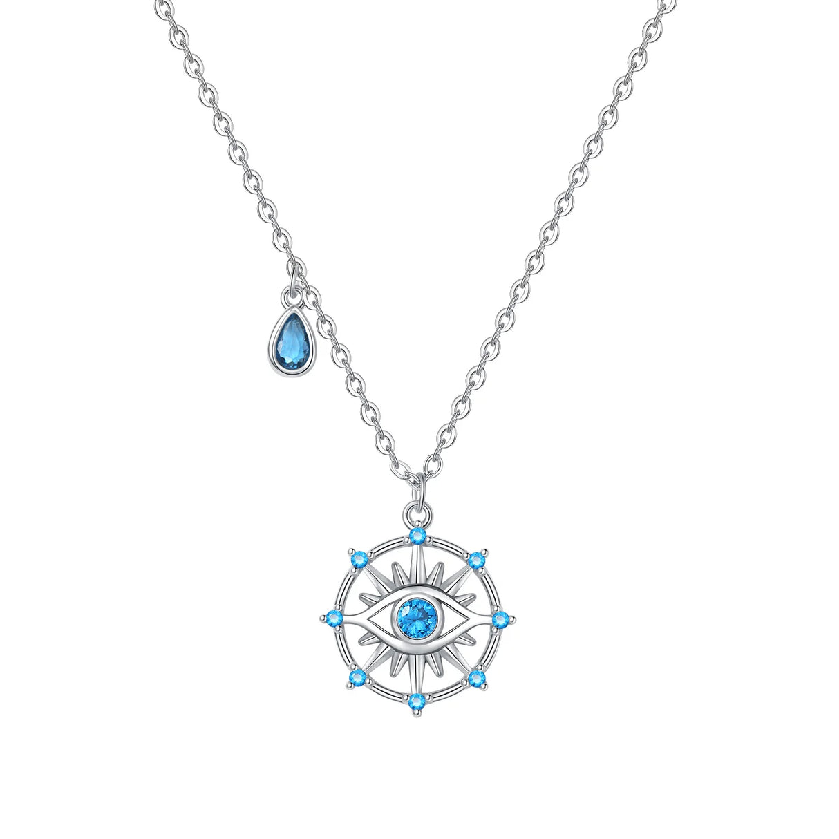 Silver necklace with a blue gemstone pendant on a white background