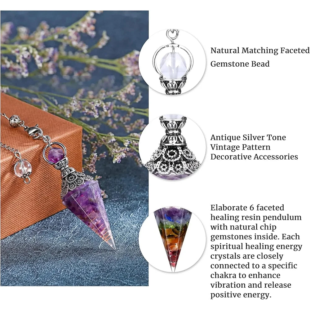 Healing resin pendulum with natural chip gemstones and decorative accessories on a textured surface.