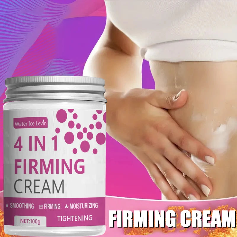 4-in-1 Firming Cream container with a woman applying cream to her stomach against a pink and purple gradient background.